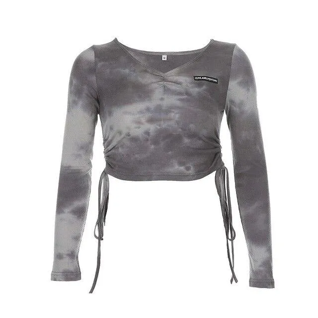 Tie Dye Print Crop Top Fashion Fitness Drawstring Knit V-Neck Long Sleeve