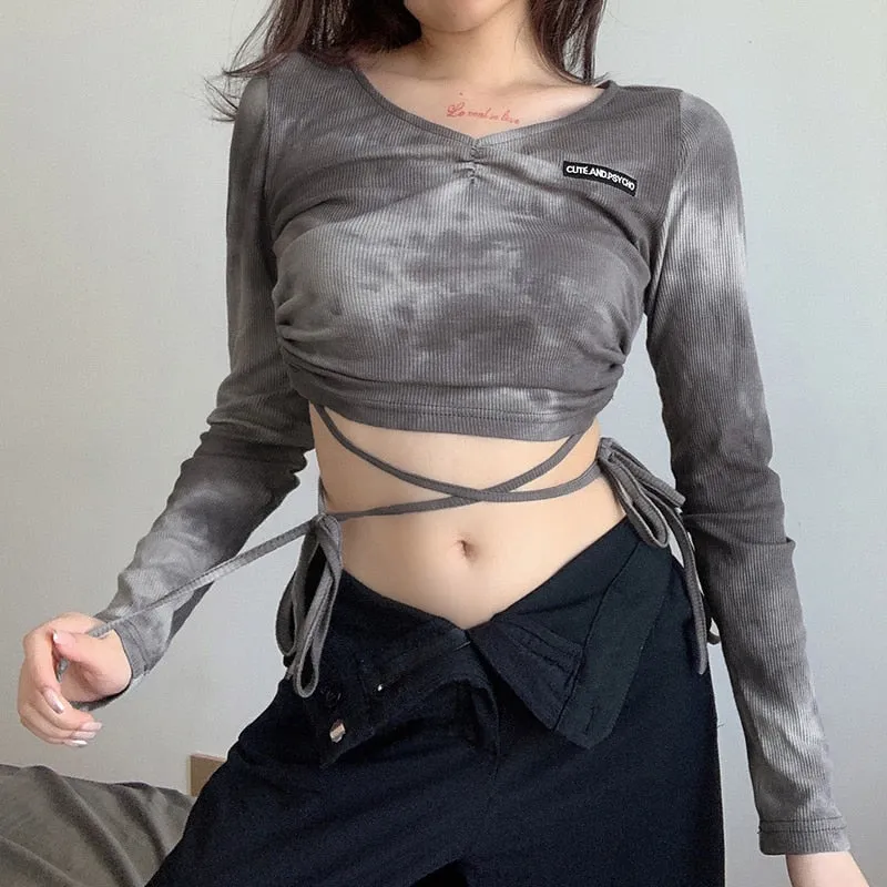 Tie Dye Print Crop Top Fashion Fitness Drawstring Knit V-Neck Long Sleeve