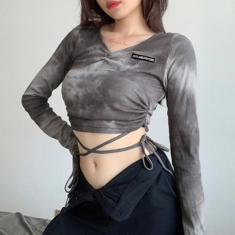 Tie Dye Print Crop Top Fashion Fitness Drawstring Knit V-Neck Long Sleeve