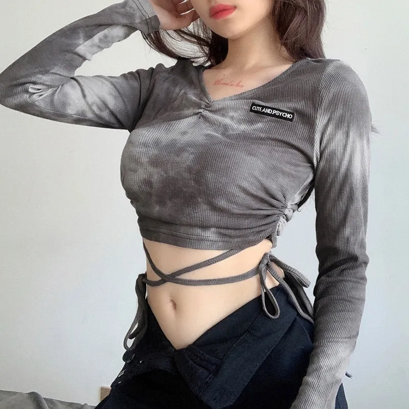 Tie Dye Print Crop Top Fashion Fitness Drawstring Knit V-Neck Long Sleeve