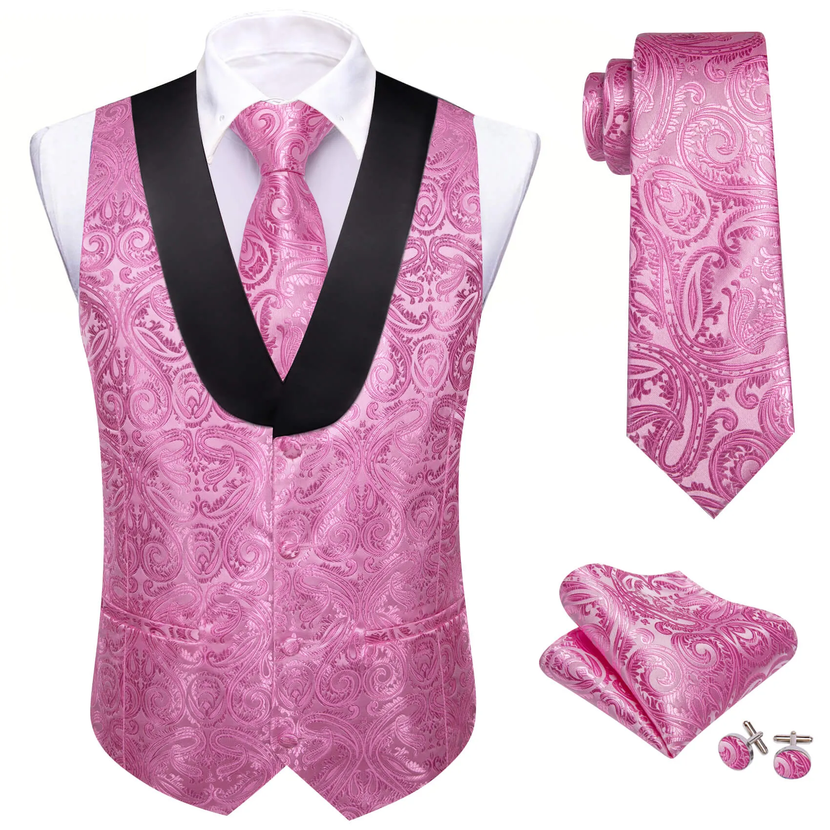 Ties2you Shawl Collar Vest Hot Pink Paisley Silk Men's Vest Necktie Hanky Cufflinks Set Fashion