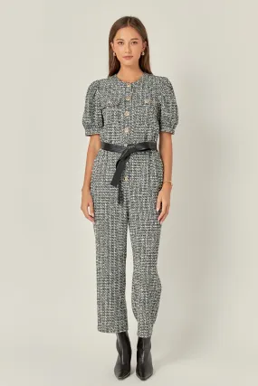 Tweed Puff Sleeve Jumpsuit