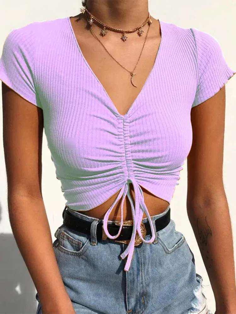 V Neck Ribbed Crop Top with Drawstring Tie