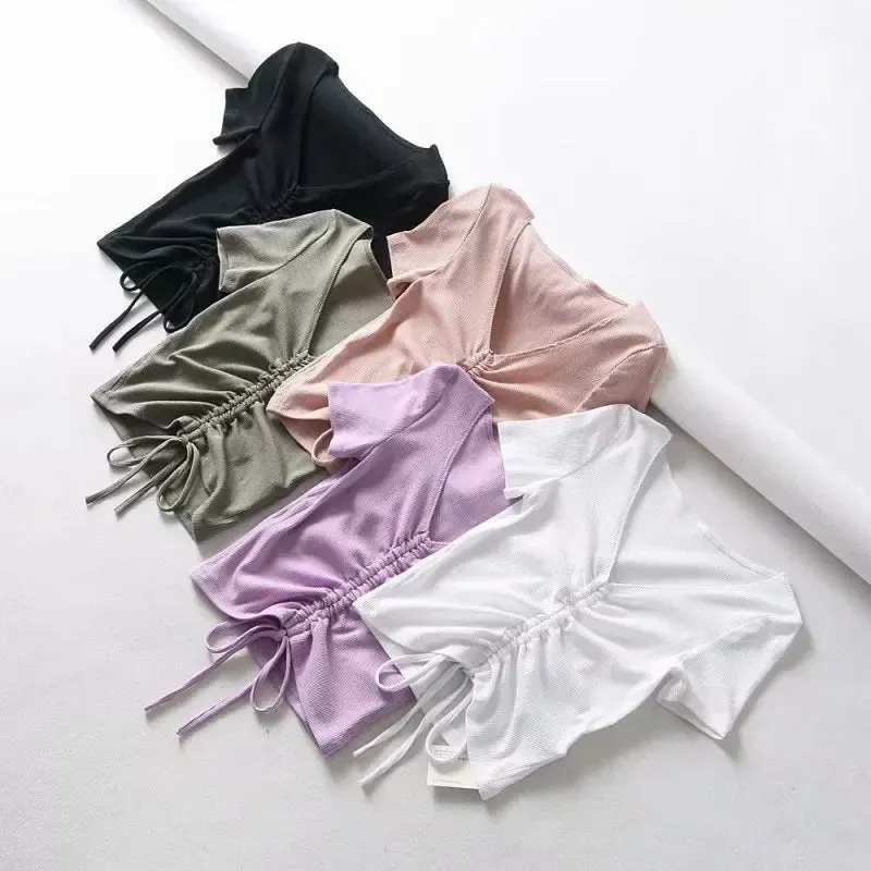 V Neck Ribbed Crop Top with Drawstring Tie