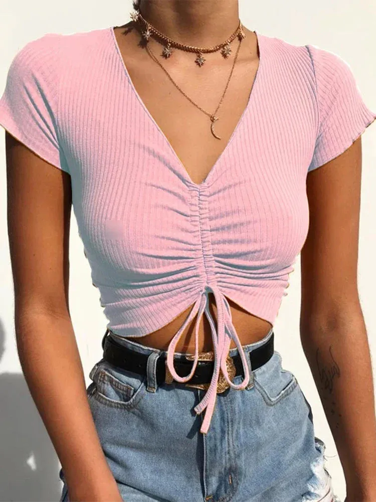 V Neck Ribbed Crop Top with Drawstring Tie