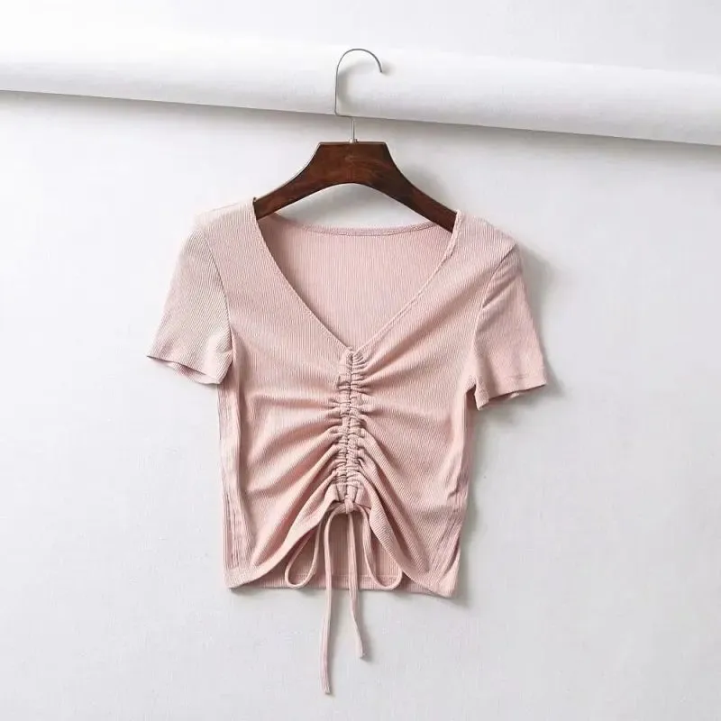 V Neck Ribbed Crop Top with Drawstring Tie