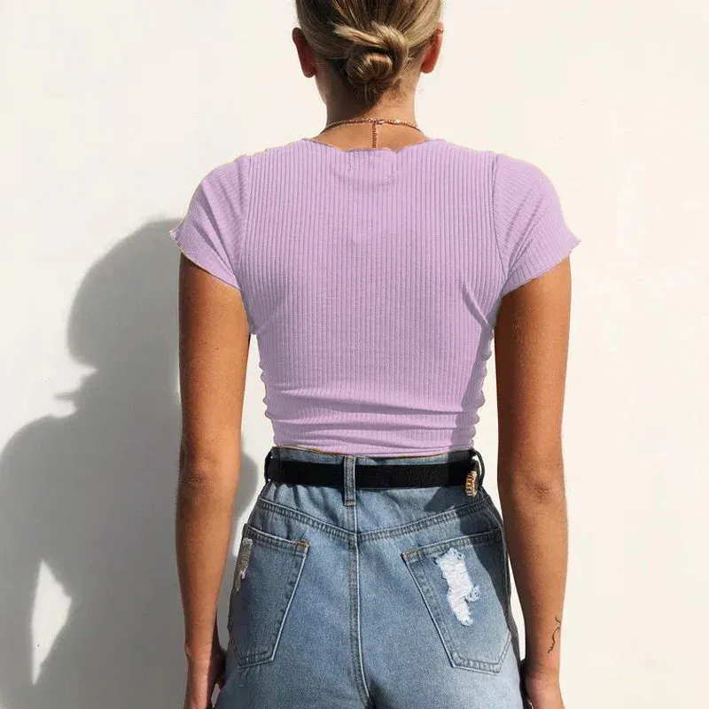 V Neck Ribbed Crop Top with Drawstring Tie