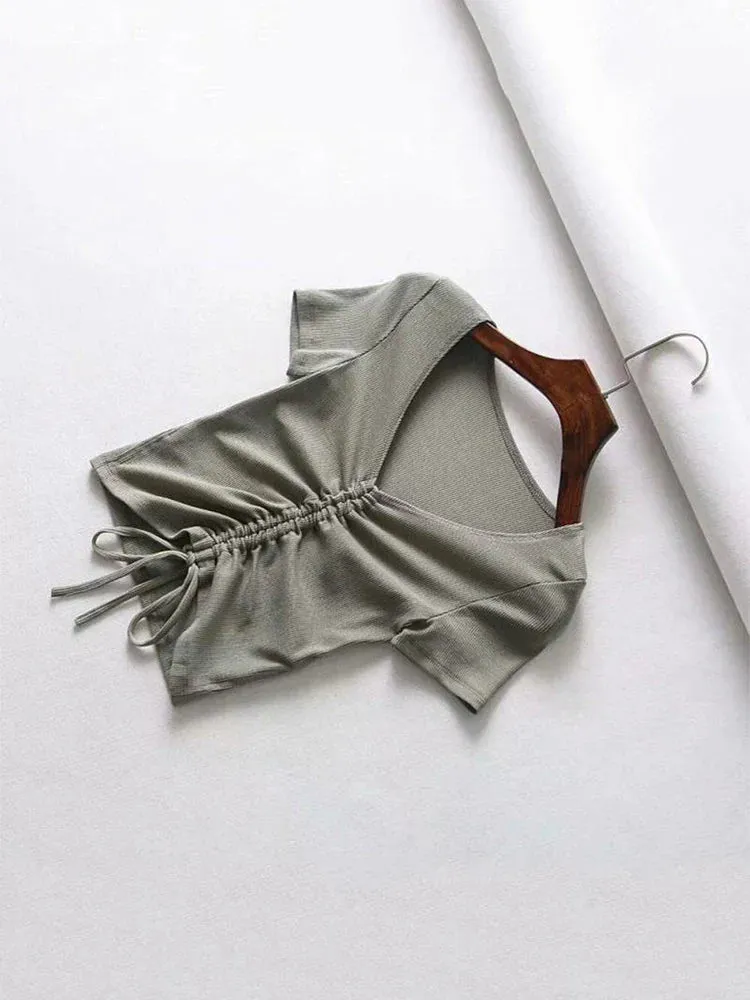 V Neck Ribbed Crop Top with Drawstring Tie