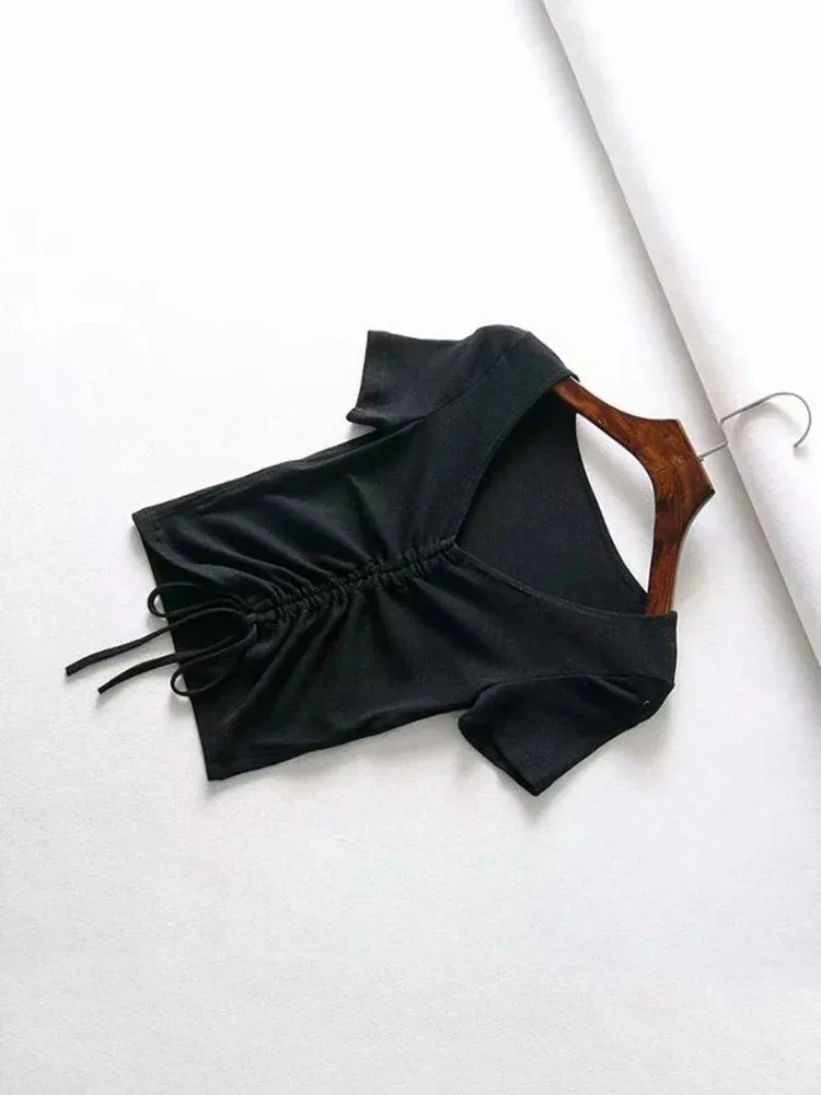 V Neck Ribbed Crop Top with Drawstring Tie
