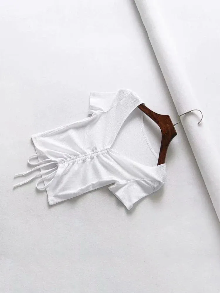 V Neck Ribbed Crop Top with Drawstring Tie