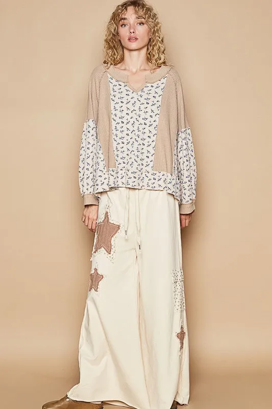 Waffle Knit Floral Notched Long Sleeve Top