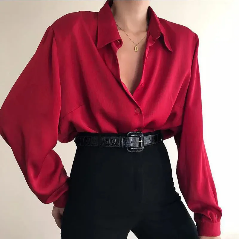 Women's Button Down Collar Office Lady Long Sleeve Casual Loose OL Baggy Blouse - Red/Wine Red/Black