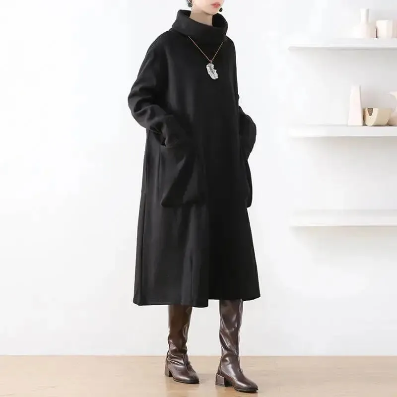 Women's Cotton Dress Elegant Autumn Dress in Black for Women