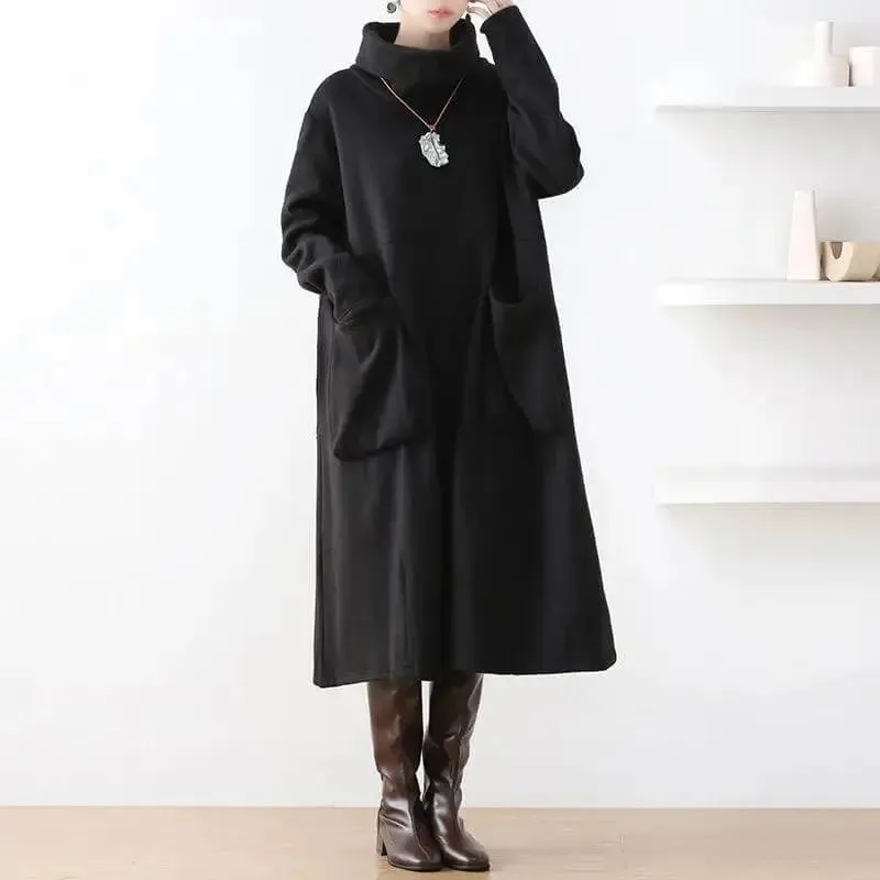 Women's Cotton Dress Elegant Autumn Dress in Black for Women