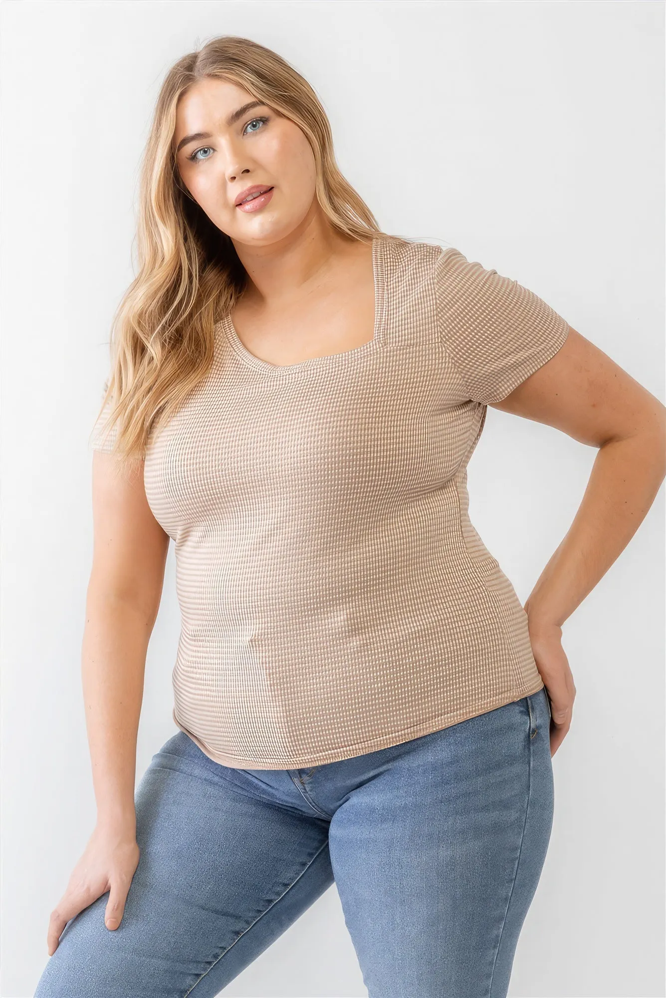 Women's Plus Taupe Waffle Knit Angled Neck Short Sleeve Top