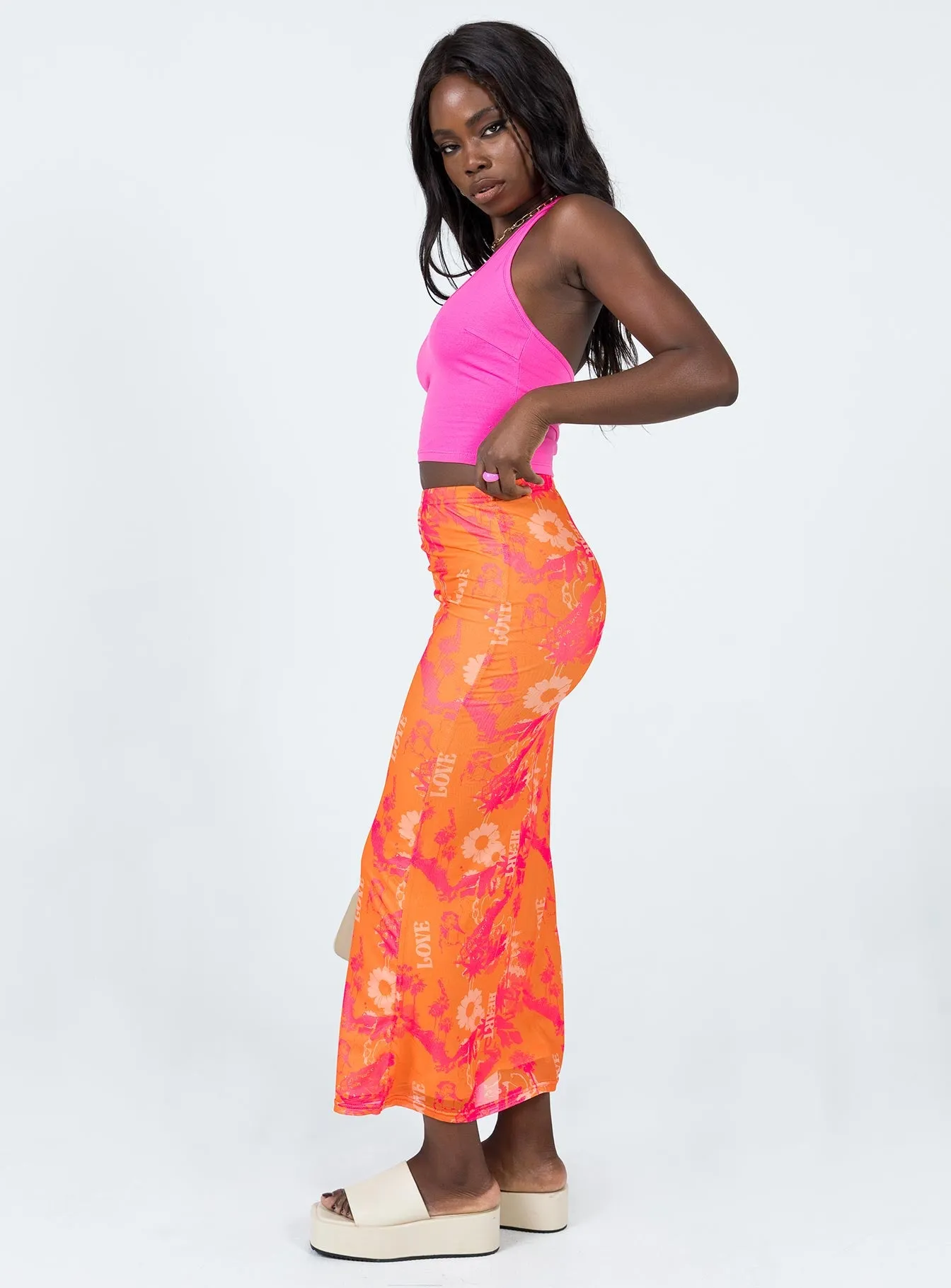Zonya Mesh Floral Maxi Skirt Orange