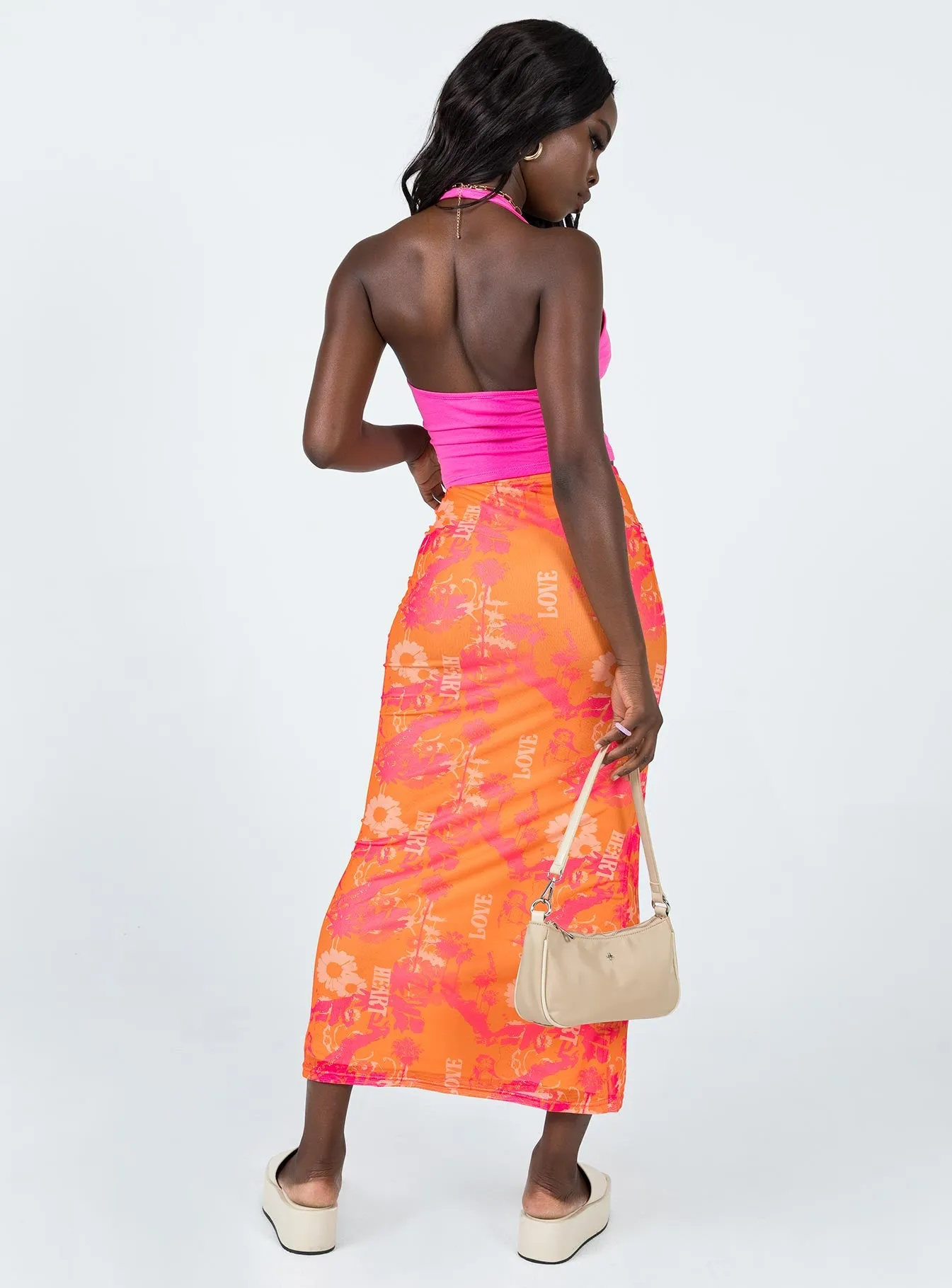 Zonya Mesh Floral Maxi Skirt Orange
